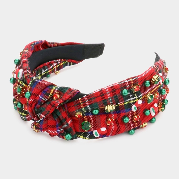 Red Plaid Knot Pearl Holiday Tartan Stripes Christmas Socks Headband Headpiece - Picture 1 of 3